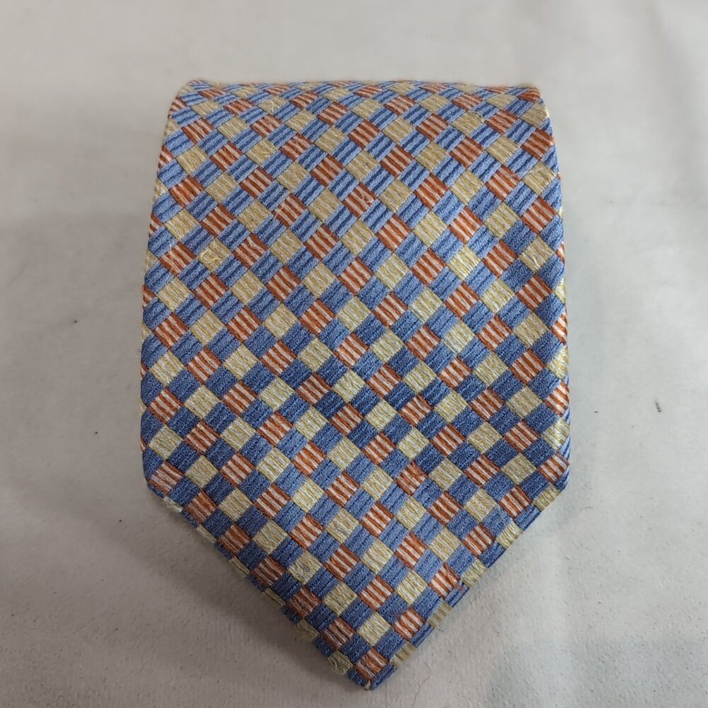 City of London 100% Imported Silk Tie Woven Check Multicolor Blue Orange Yellow